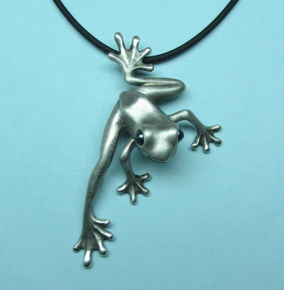 Silver Frog Necklace With Pearl Eyes On Silicone Rubber Cord "Froggz Only" Collection - "Zila"