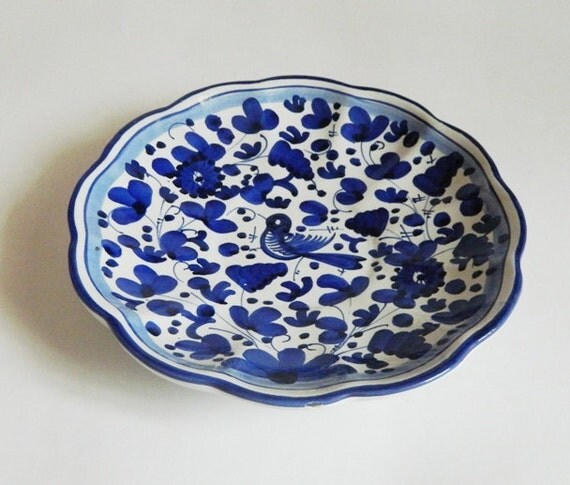 Hand Painted Italian Pottery Plate Blue and White Bird