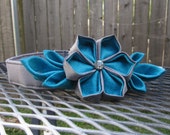 Dog Collar and Flower - READY TO SHIP Grey/Silver and Blue Kanzashi - Blue wedding, Silver wedding, kanzashi, Blue dog collar