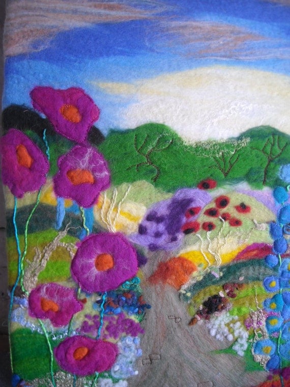 felt picture, wet felted, flower garden