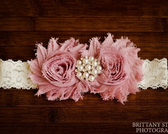 Vintage Mauve and Ivory Lace Headband, Baby to Toddler Headband, Newborn photo prop. Infant Headband, Vintage Headband