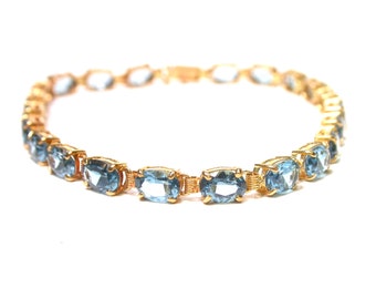 14k Yellow Gold Swiss Blue Topaz Bracelet - Tennis Bracelet - Oval Blue Topaz Stones - December Birthstone # 1306