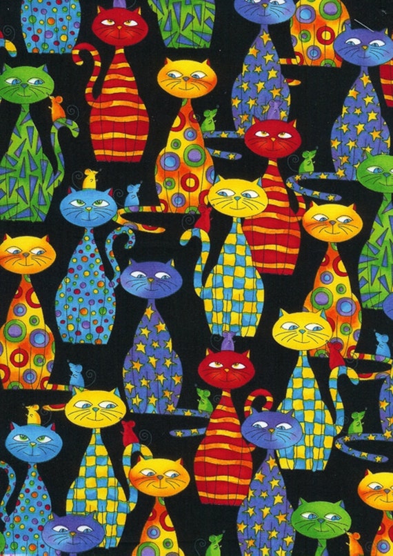 Timeless Treasures "Packed Cats" Multi Colored on Black 1 Yard Cut