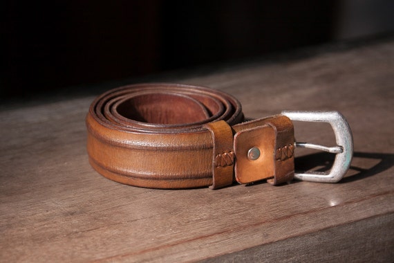 Items similar to Men's dark brown leather belt with pinstripes on Etsy
