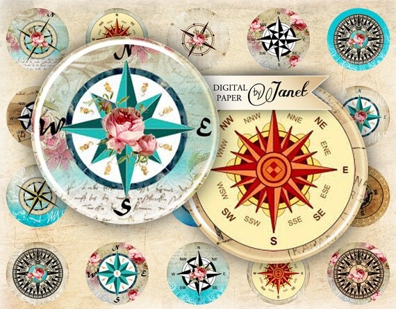 Compass - circles image - digital collage sheet - 1 x 1 inch - Printable Download