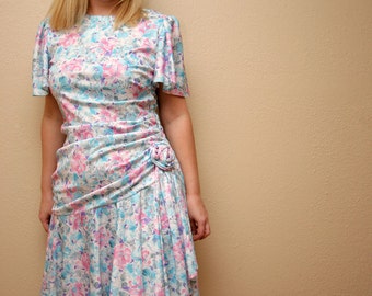 Women's Vintage Dress Pink White Pastel Floral/Retro Short Sleeve Ladies Dress