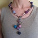 SALE felt necklace pendant. Wool balls, glass beads, blue, pink, turquoise, violet, purple. Red heart pouch. Gifts under 25