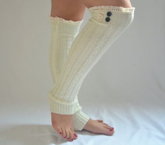 Items similar to BS5364 Cable knit ivory leg warmers with lace and