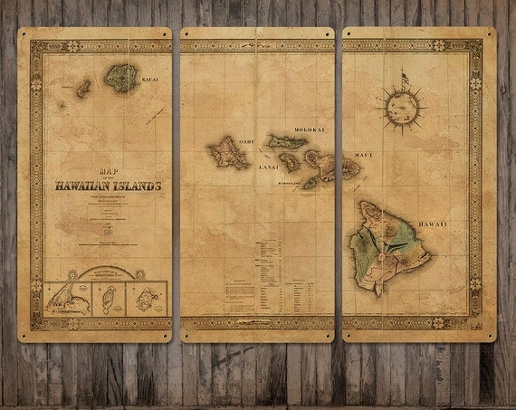 Vintage Hawaii Islands METAL Map triptych by ArtHouseGraffiti