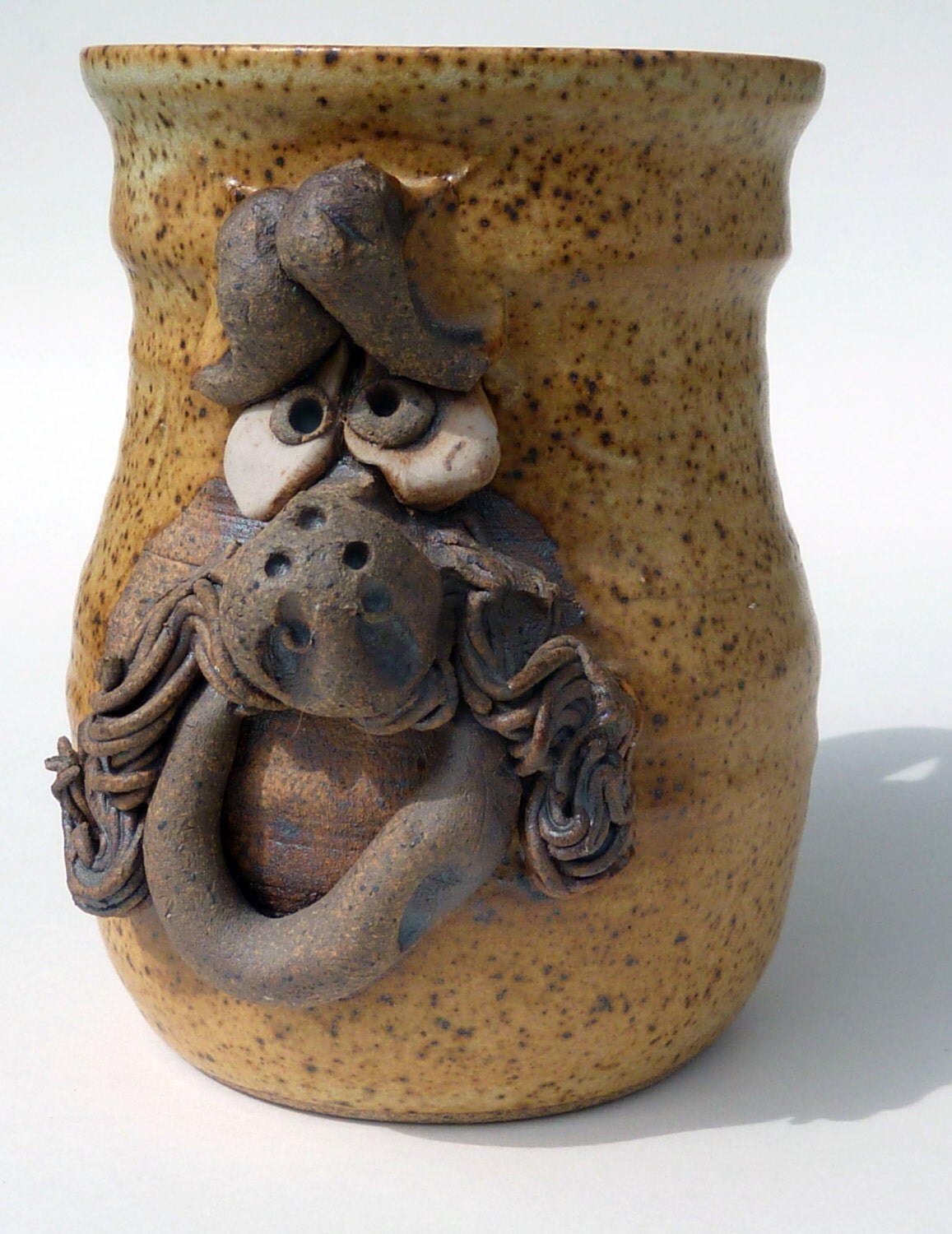 Signed Pottery FACE MUG Spaghetti Mustache 60s Folk Art with