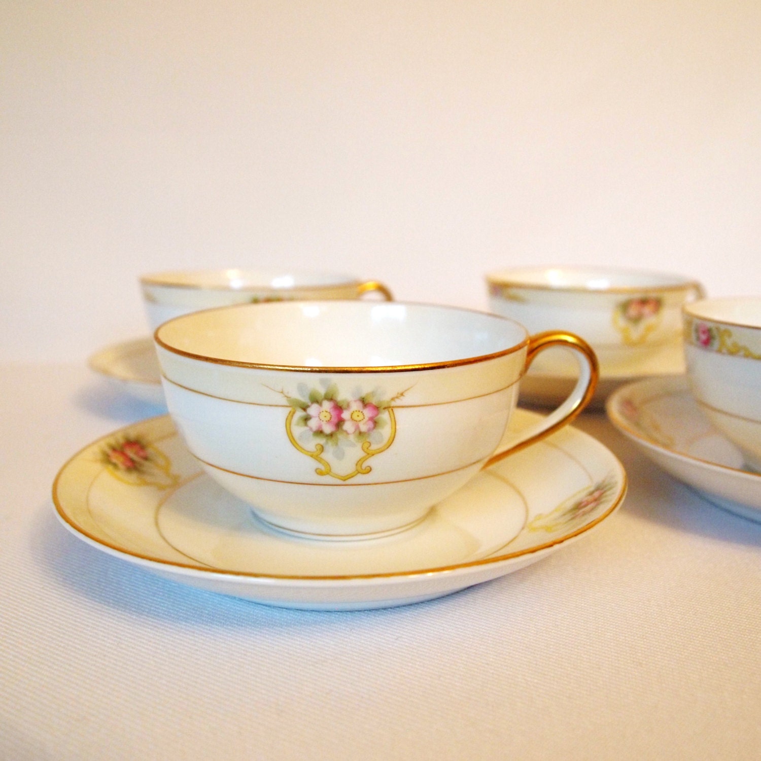 Antique Teacup Set China Tea Cups and Saucers Floral with Gold