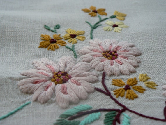 Tablecloth English embroidery on white linen turquoise and