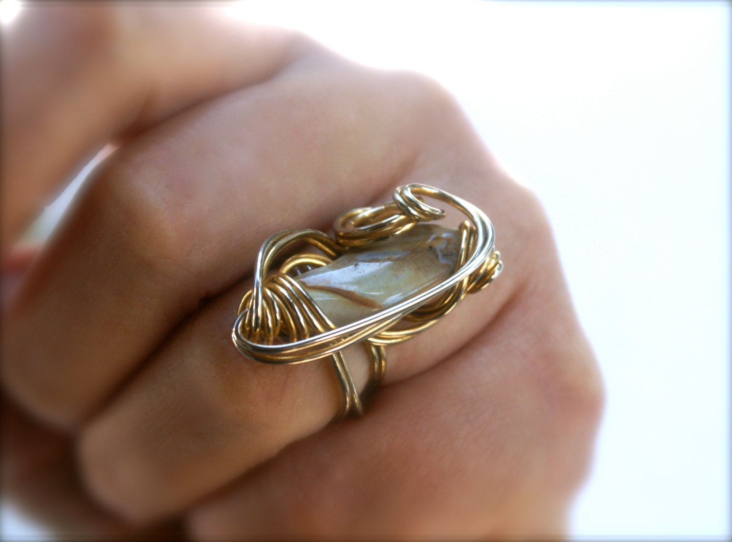 Vintage Ring Wire Wrap Large Stone Adjustable Ring