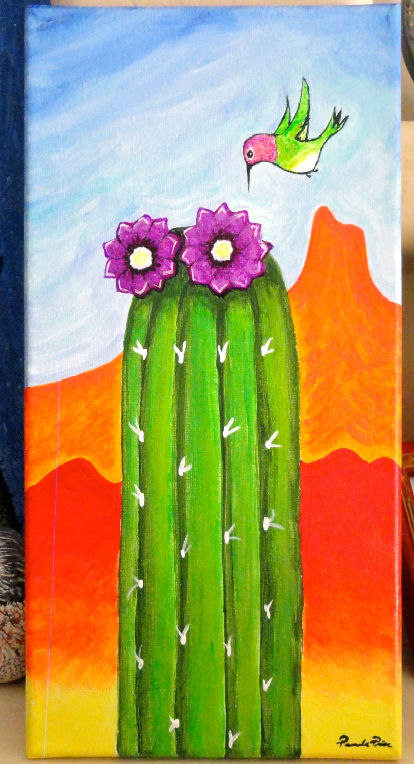 Hummingbird Cactus Folk Art Brightly Colored Original Painting