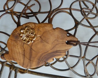 THE...LEAF Organic Hand Carved Wooden Leaf Pendant With Gold Flower decoration