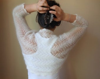 Knitted Shrug Bolero Wedding Summer Shrug Lace Off White Mohair Silk