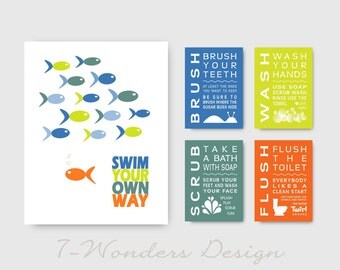 Swim Your Own Way Kids Bathroom Art Prints Set - (1) 11 x 14 and (4) 5 x 7 Art Prints // Childrens Kids Bathroom
