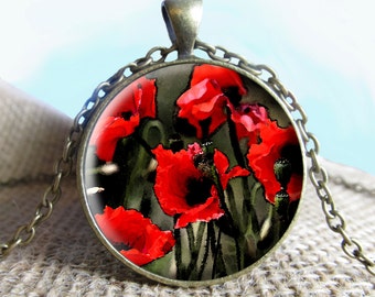 Poppies Pendant/Necklace Jewelry, Fine Art Necklace Jewelry, Poppies Flowers Jewelry Glass Pendant Gift
