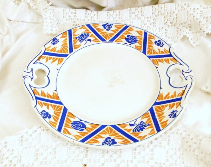 REDUCED TO CLEAR Antique Large French Ironware Ceramic Cake Plate with Art Nouveau Motif, Shabby Chic, Cottage Chic, Chateau, Vintage Reto