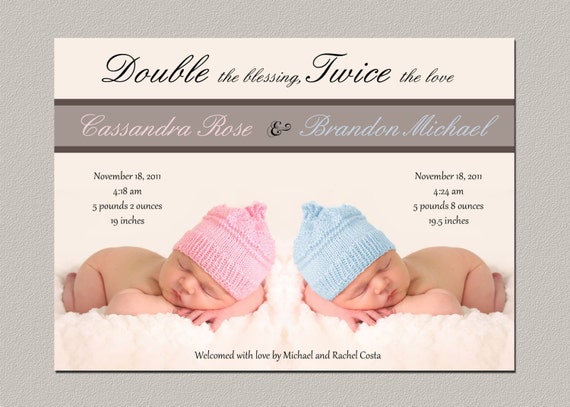 Items similar to Digital Twin Photo Birth Announcement -- Printable ...