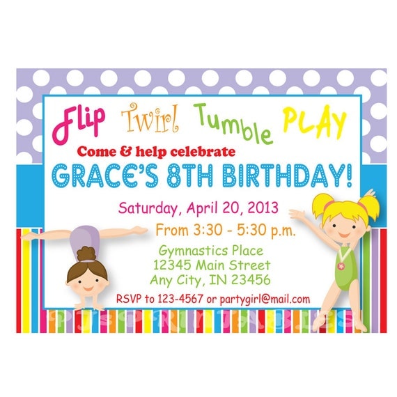 Gymnastics party Rainbow Birthday Invitation- Custom Digital File Il_570xn