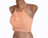 Sexy crocheted light-salmon halter /bikini top , open back sexy bikini top , crochet tank top