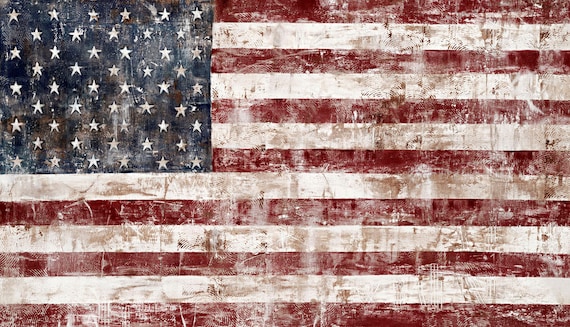 Rustic American Flag Painting- Navy, Deep Red, Ivory - Canvas Wrapped Giclee Print by Tif Sheppard