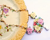 Spring Assemblage Necklace, Pastel Statement Necklace, Pink Yellow Spring Necklace, Shabby Chic Necklace, Assemblage Jewelry, Spring Jewelry