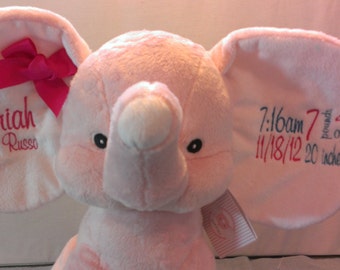 Personalized Baby Gift, "Baby Cubbies" Dumble Elephant, Birth announcement stuffed animal keepsake with machine embroidery