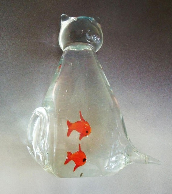 murano glass cat with fish