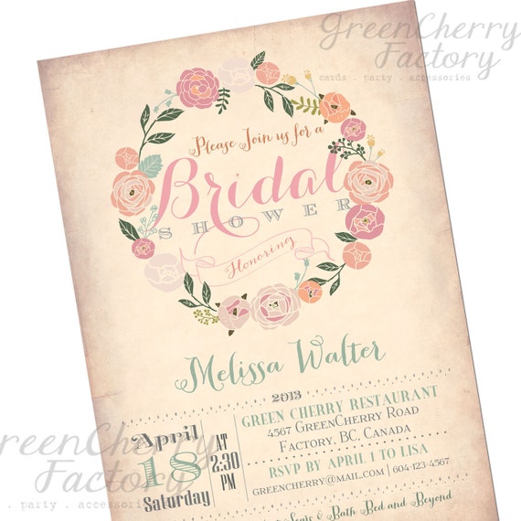 Bridal Shower Invitation - Vintage Peach Background - Wreath Spring Summer Floral Mint Coral Pink Flower - Printable Invitation - No.170