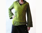 Bubble  Green Cotton  Fleece  Pixie  Hoodie -  Psy Jacket - Tribal - Faerie - Elf  - Hood - Women - Tibetian