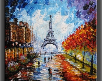 original painting,modern canvas painting ,handmade,framed,ready to hang, impasto palette knife painting Paris Eiffel Tower