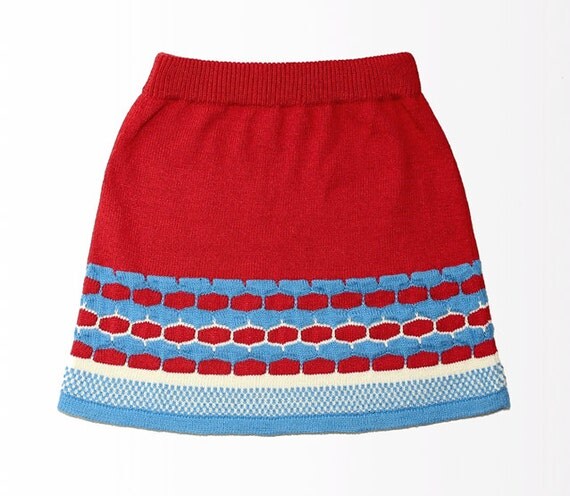 Knitted red & blue cotton mohair short A-line skirt // Hand machine knit // For her