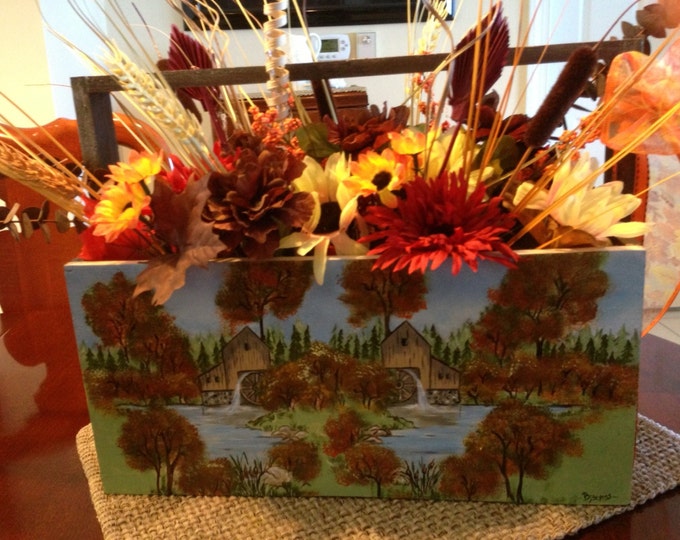 Wood Tool Box with handle, painted on both sides and Ornamental Flowers inside.