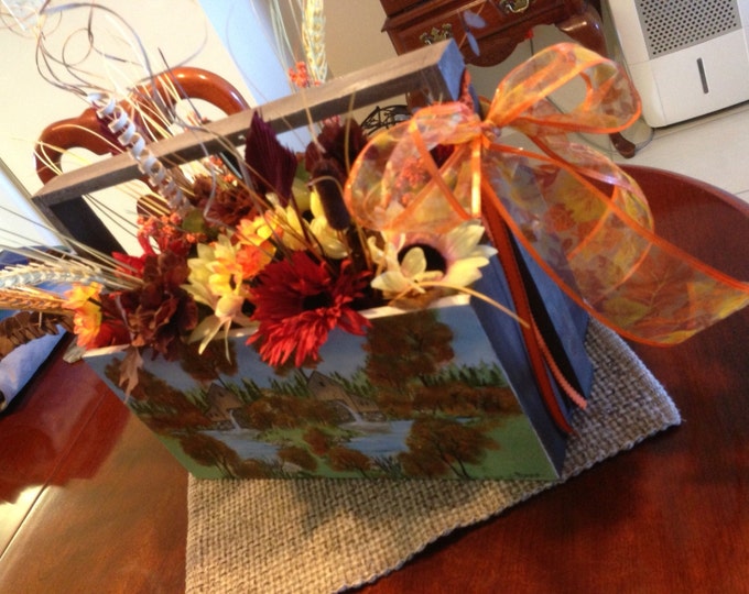 Wood Tool Box with handle, painted on both sides and Ornamental Flowers inside.