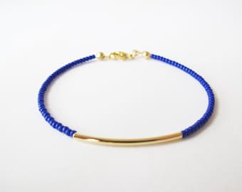 Gold bar beaded bracelet - friendship bracelet - Blue