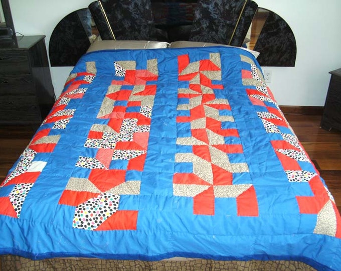 Sale: Patchwork Red & Blue Full Size Bed Quilt Grandmother Vintage Quilt