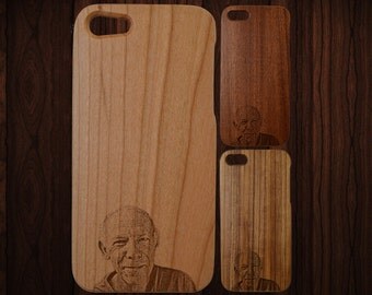 Custom photo engraved wood iPhone 5 case. Fits 5 and 5S. Choice of three wood types. Single-piece body.