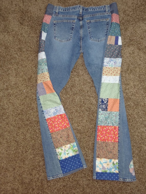 Handmade Hippie Patchwork Jeans Flower Patch Womens