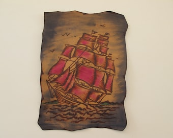 Handcrafted Leather Patch with Pyrography. The ship