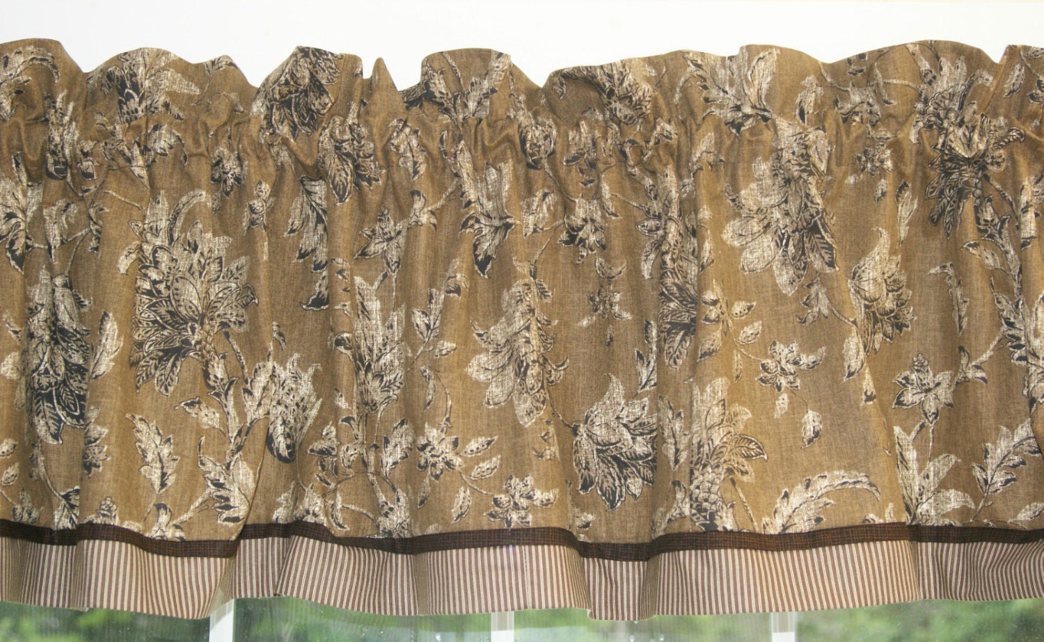 Black Floral Toile Brown Valance 17 x 81 Drapery