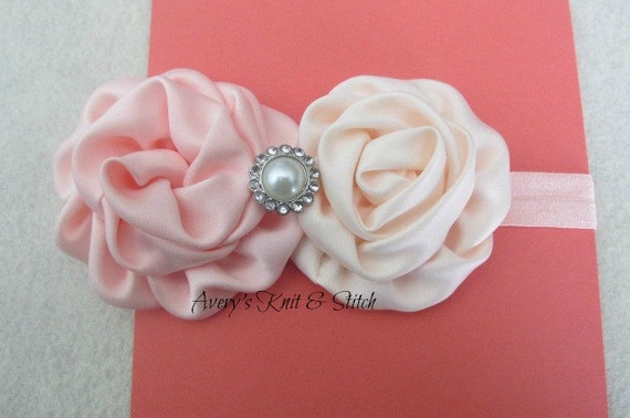 Peach & Cream Satin Flower Headband, baby headband, womens headband, girls, infant, toddler, hair accessory, hair bows, newborn, elastic