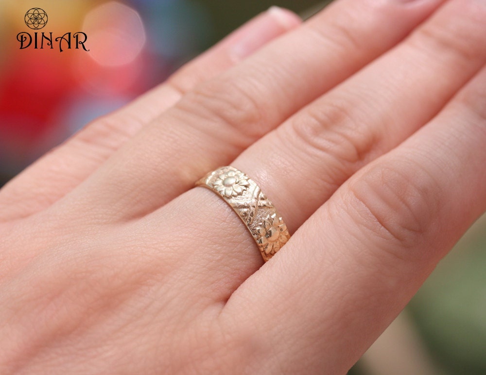 14k White Gold flower Wedding Band ring sunflower wedding