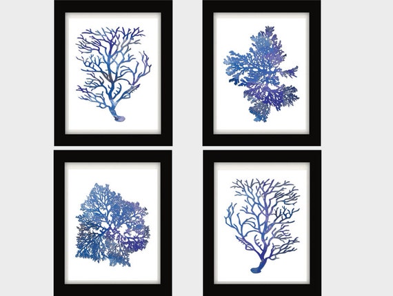decor wall prints wall printable Coral Prints Coral FOUR Blue Indigo of Set Blue Sea Print