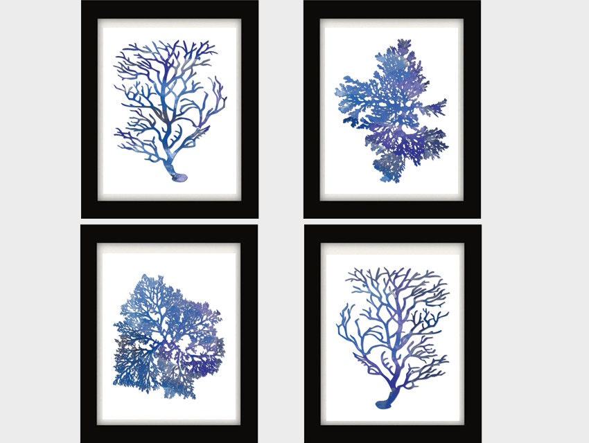 Indigo Blue Coral Prints Blue Sea Coral Print Set of FOUR