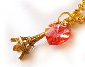 Gold Paris Charm Necklace with Pink Swarovski Heart
