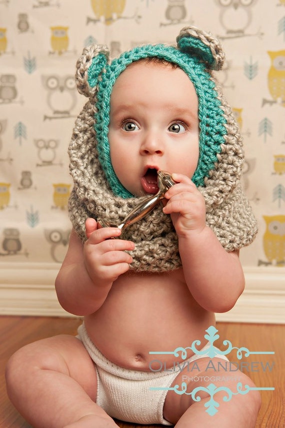 Scarf Cowl Baby toddler Bear hooded Baby Crochet Mo Baby Cowl,   Bear Toddler scarf  Hood, 12