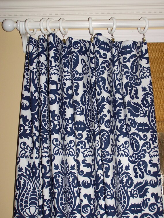 Pair Navy and White Damask Curtain Panels Two Custom Drapery