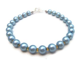 Blue Glass Pearl Bracelet - Nautical - Handmade - Homemade Jewelry